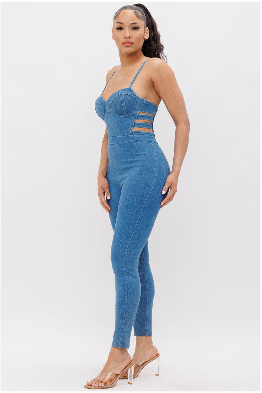 DENIM STRAPPY JUMPSUIT - CrownofCouture