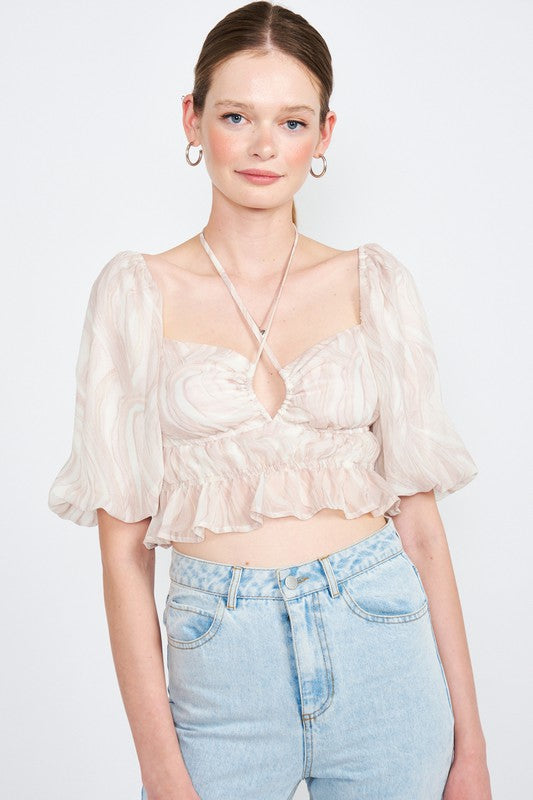 BUBBLE SLEEVE RUCHED CROP TOP - CrownofCouture