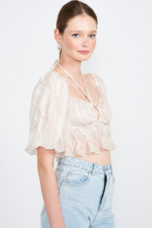 BUBBLE SLEEVE RUCHED CROP TOP - CrownofCouture