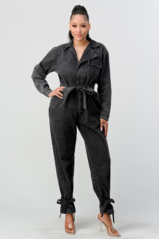 ATHINA BLACK WASHED DENIM TIE DETAIL JUMPSUIT