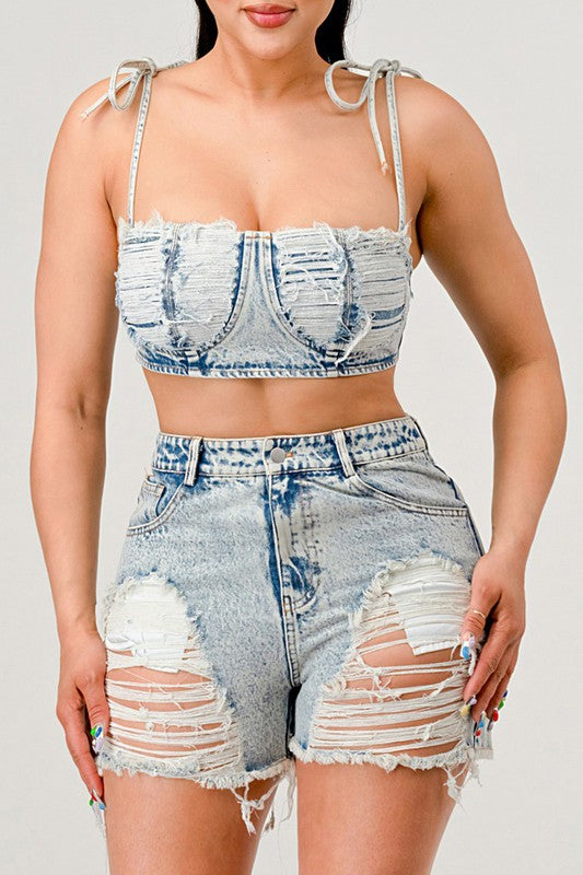 No strings attached distressed denim set - CrownofCouture