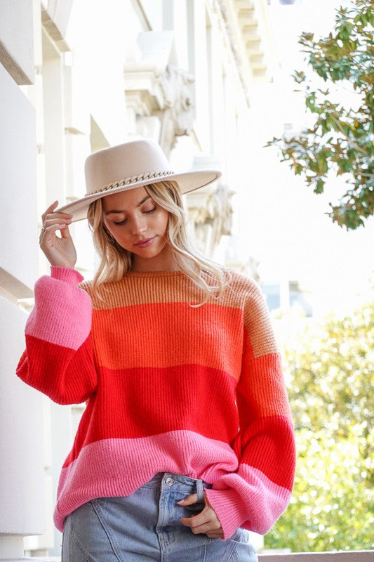 Bold Rainbow Stripe Oversized Chunky Knit Pullover - CrownofCouture