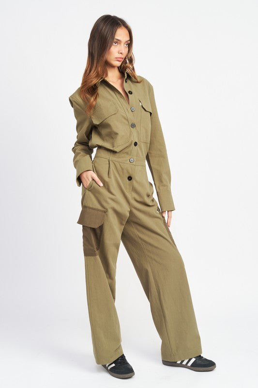 BOTTON DOWN CARGO JUMPSUIT - CrownofCouture