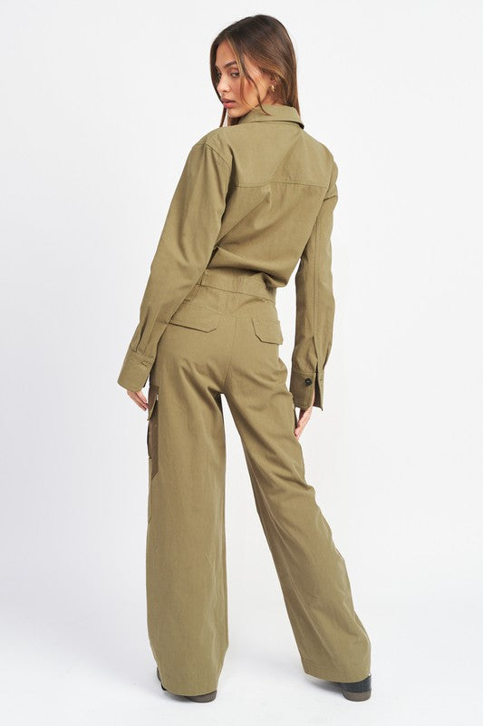 BOTTON DOWN CARGO JUMPSUIT - CrownofCouture