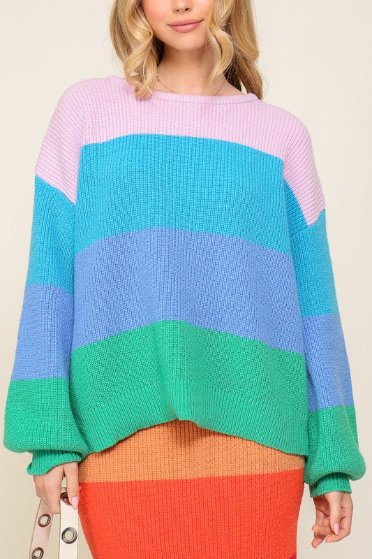 Bold Rainbow Stripe Oversized Chunky Knit Pullover - CrownofCouture