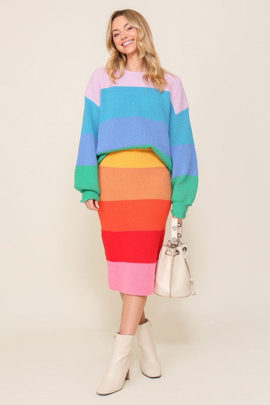Bold Rainbow Stripe Oversized Chunky Knit Pullover - CrownofCouture