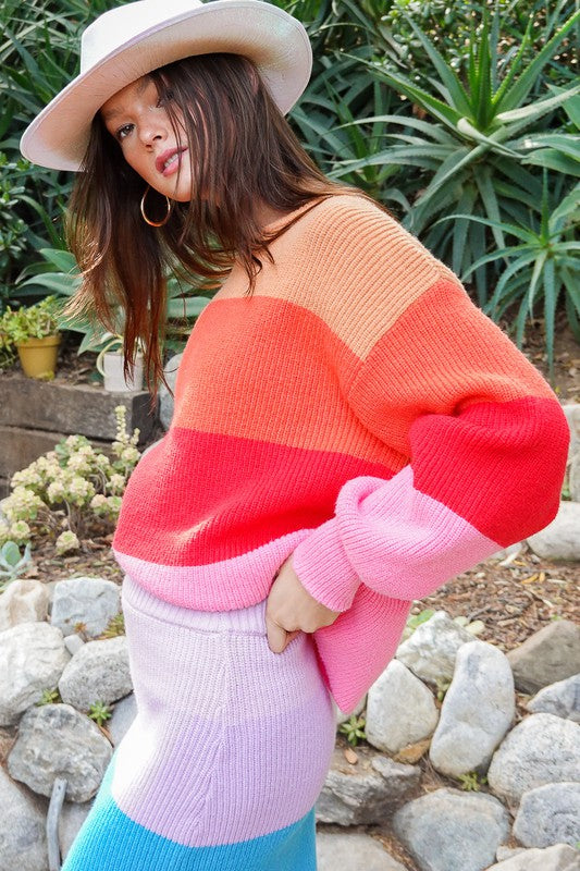 Bold Rainbow Stripe Oversized Chunky Knit Pullover - CrownofCouture