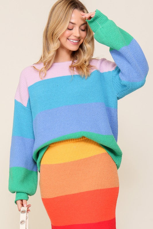 Bold Rainbow Stripe Oversized Chunky Knit Pullover - CrownofCouture