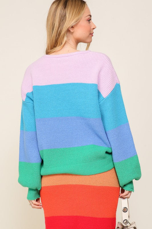 Bold Rainbow Stripe Oversized Chunky Knit Pullover - CrownofCouture