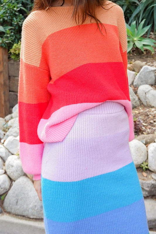 Bold Rainbow Stripe Oversized Chunky Knit Pullover - CrownofCouture