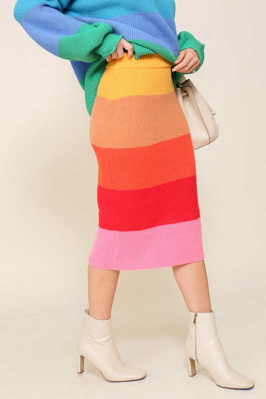 High-Waisted Midi Sweater Multicolor Skirt - CrownofCouture