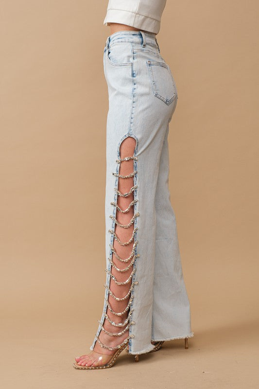 Cut Out At Side w/ Jewel Trim Stretch Denim Jeans - CrownofCouture