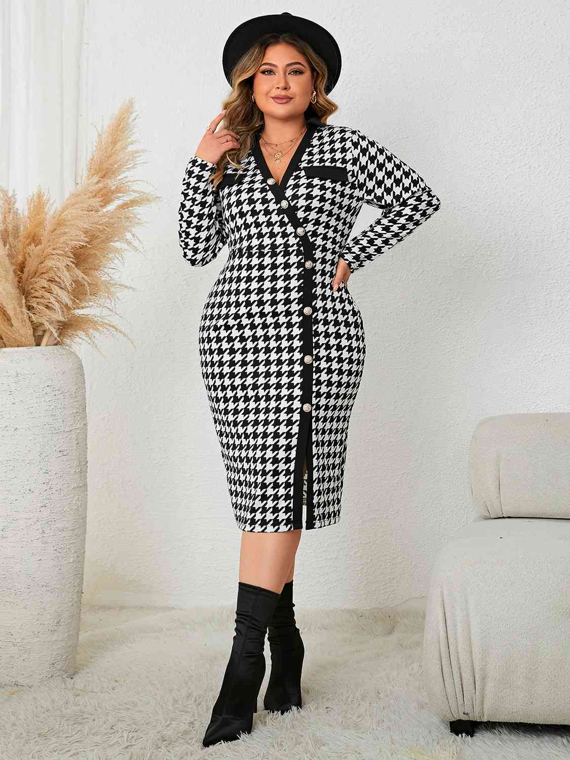 Houndstooth Long Sleeve Slit Dress - CrownofCouture