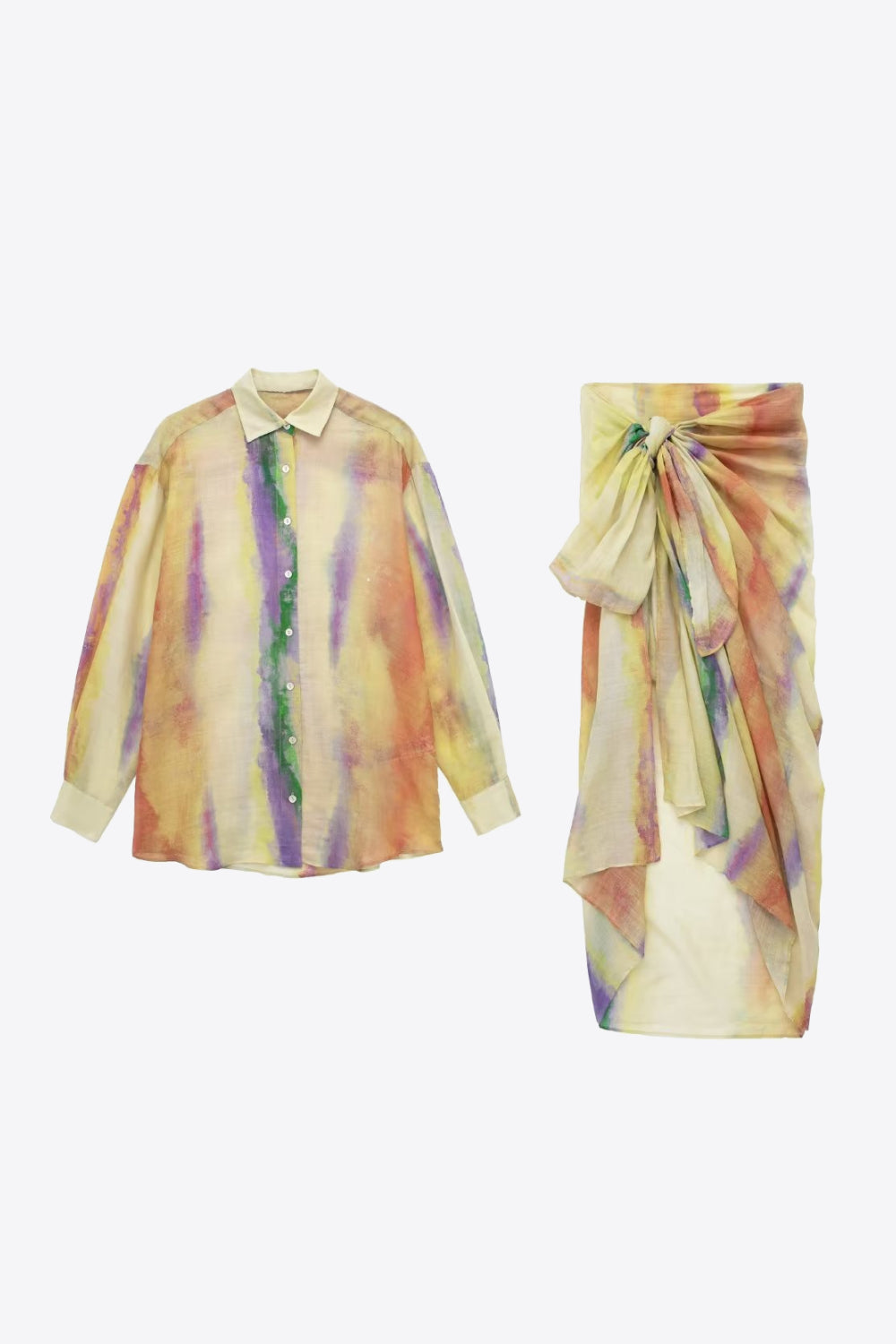 Tie-Dye Long Sleeve Shirt and Tied Skirt Set - CrownofCouture