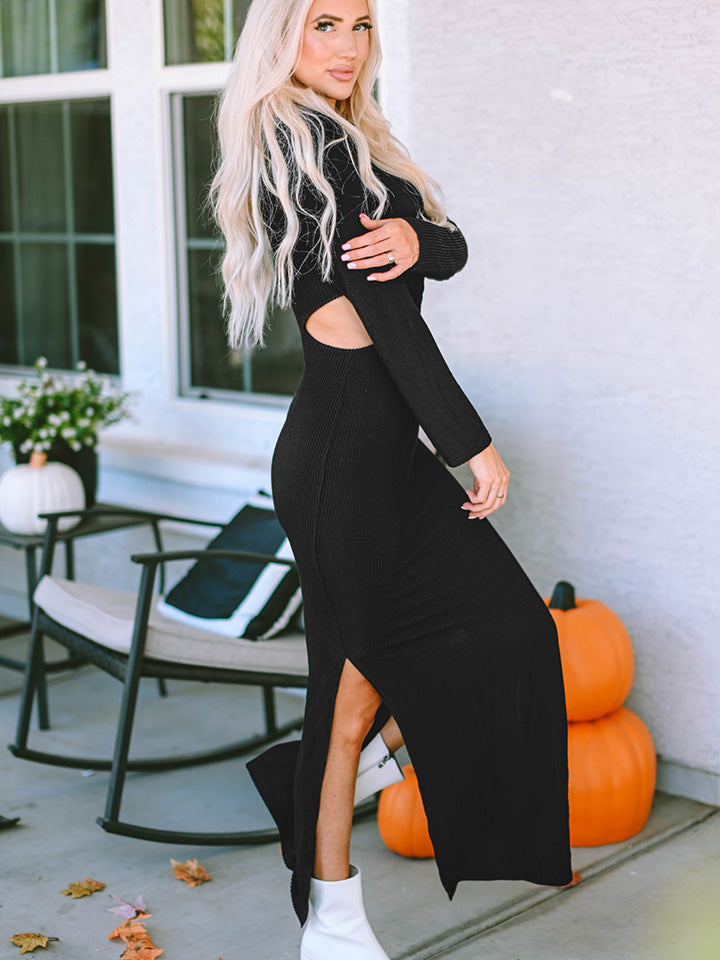 Cutout Round Neck Long Sleeve Slit Maxi Dress - CrownofCouture