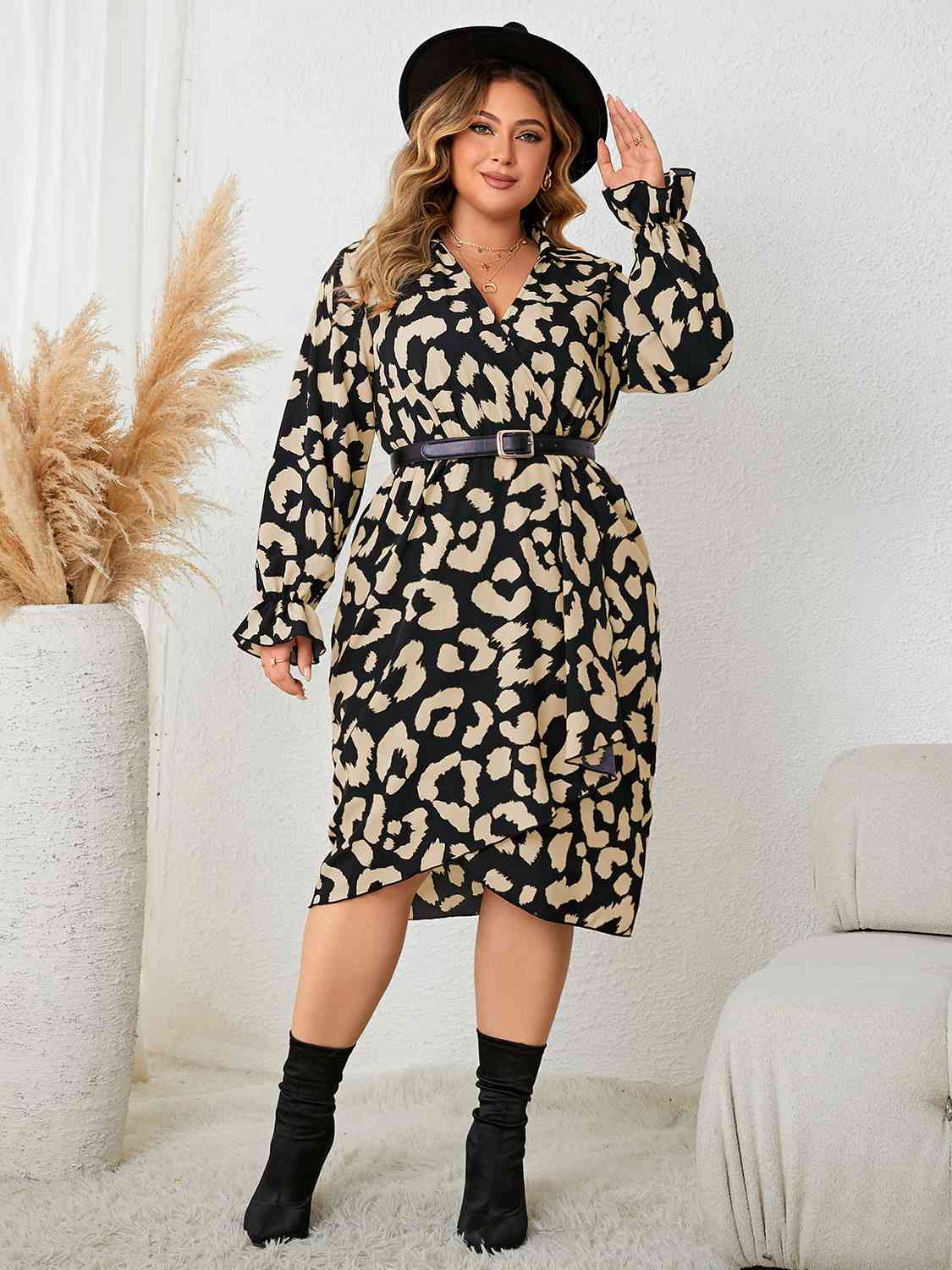 Leopard Surplice Neck Flounce Sleeve Dress - CrownofCouture