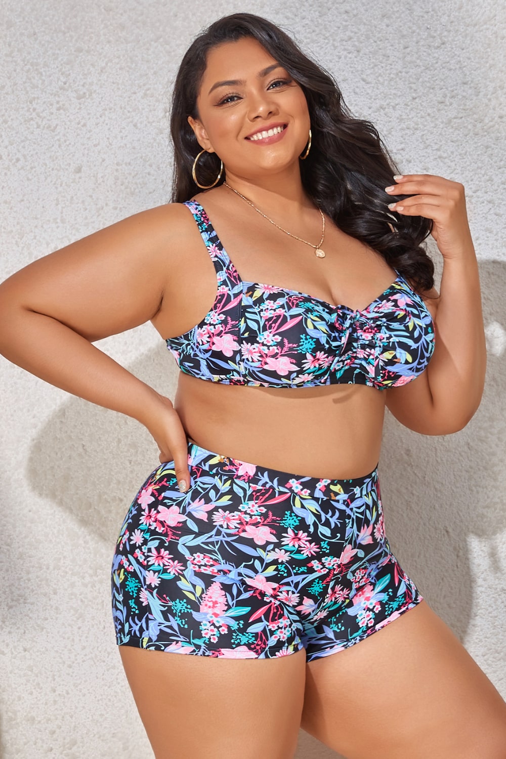 Plus Size Drawstring Detail Two-Piece Swimsuit - CrownofCouture