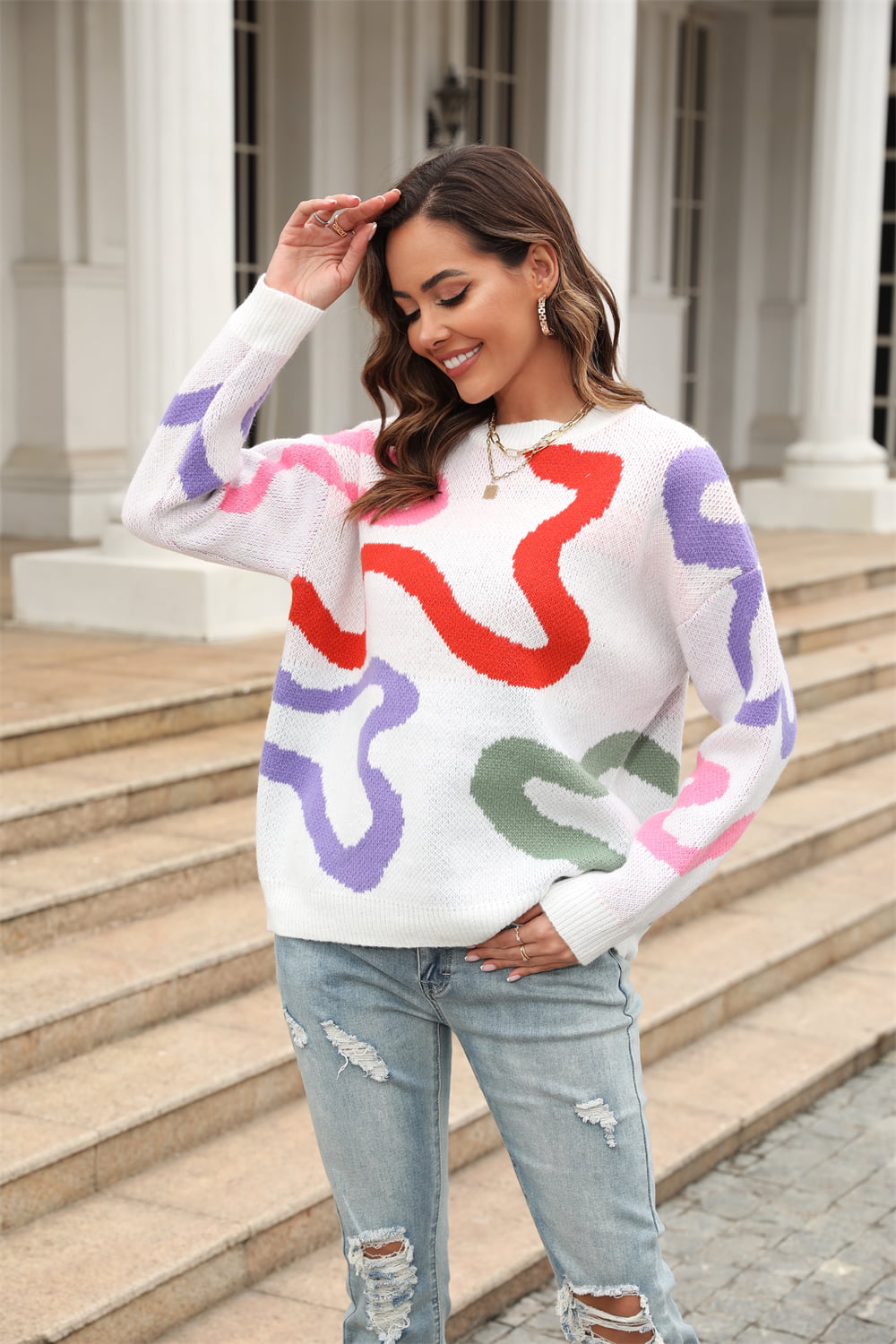 Printed Round Neck Dropped Shoulder Pullover Sweater - CrownofCouture