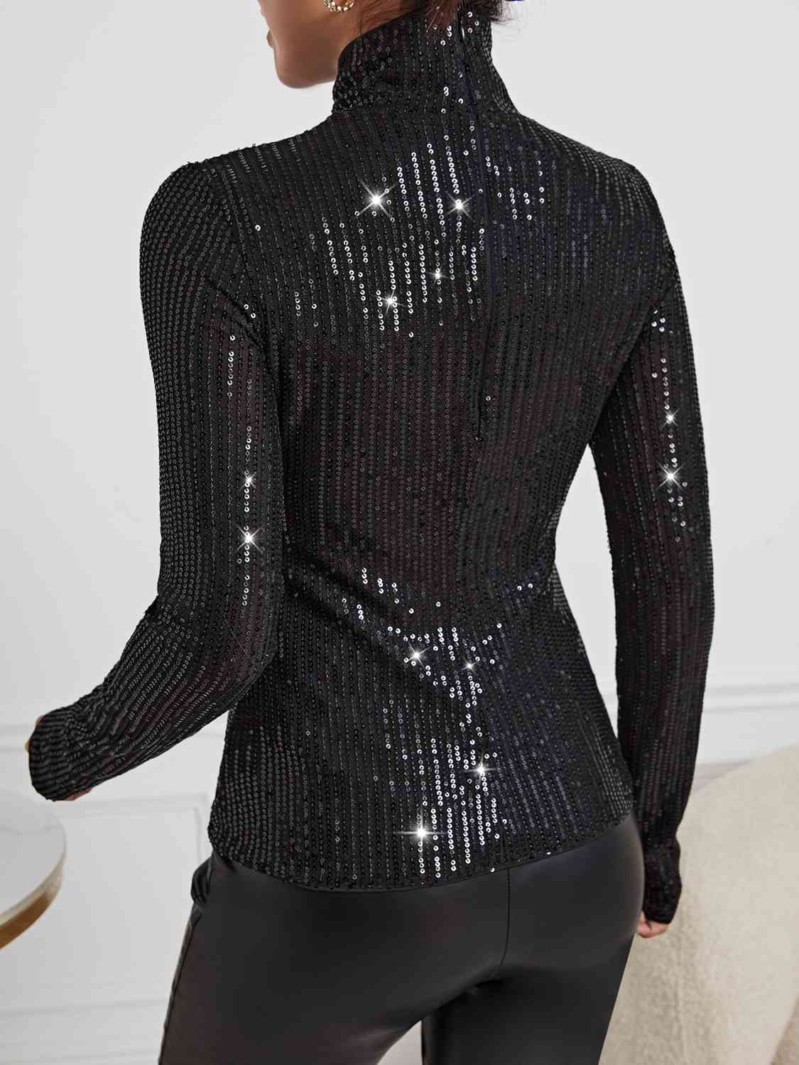 Sequin Turtleneck Long Sleeve Blouses - CrownofCouture