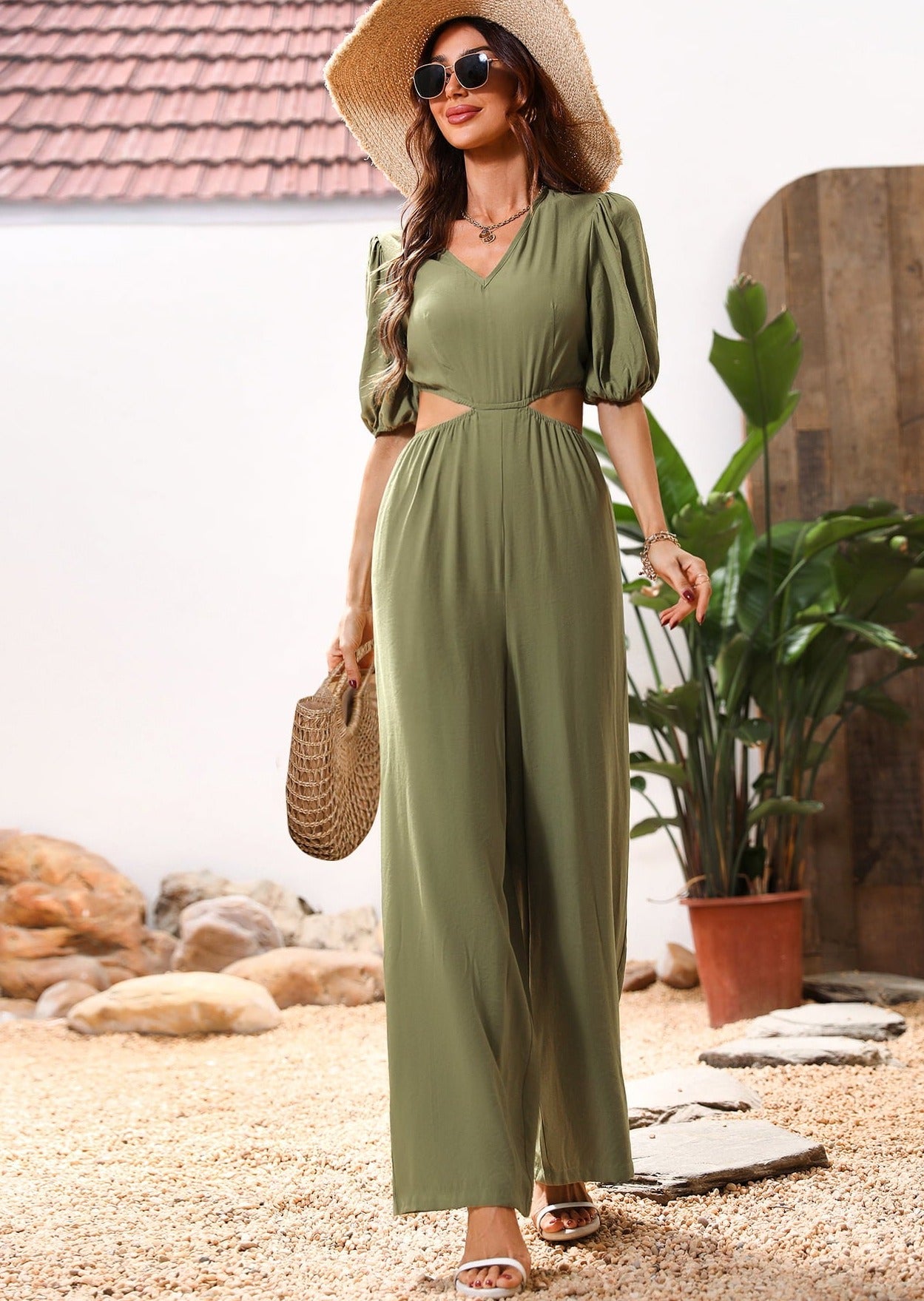 Cutout V-Neck Balloon Sleeve Jumpsuit - CrownofCouture
