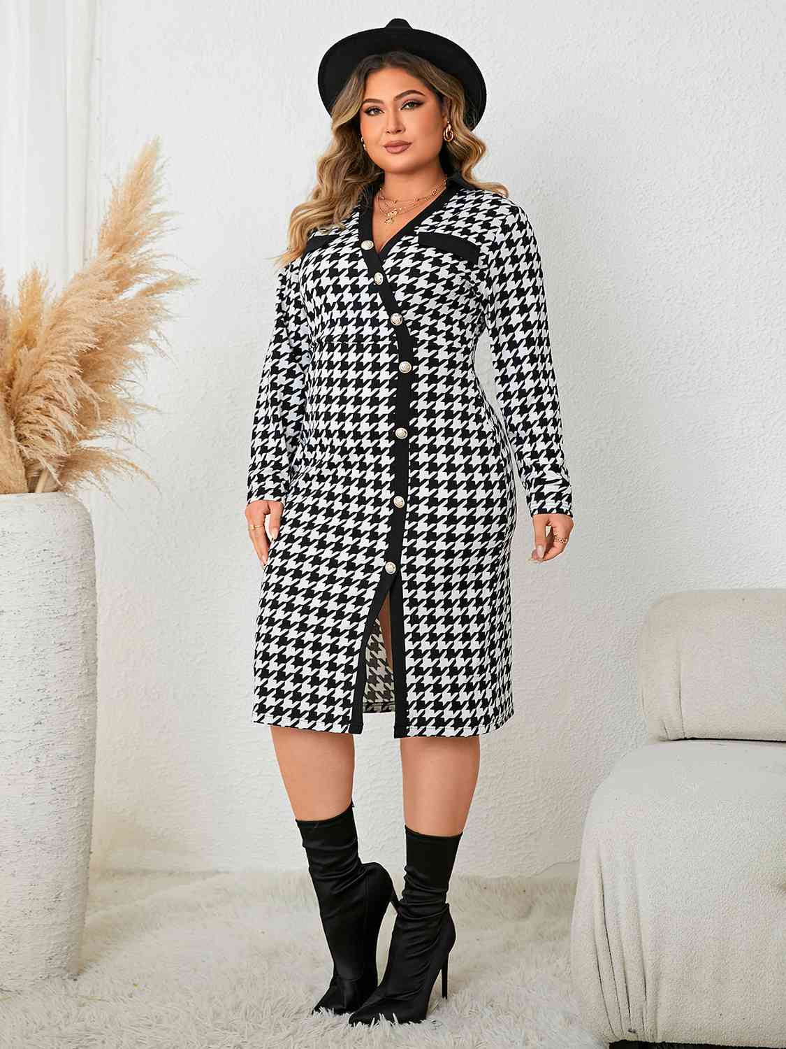 Houndstooth Long Sleeve Slit Dress - CrownofCouture