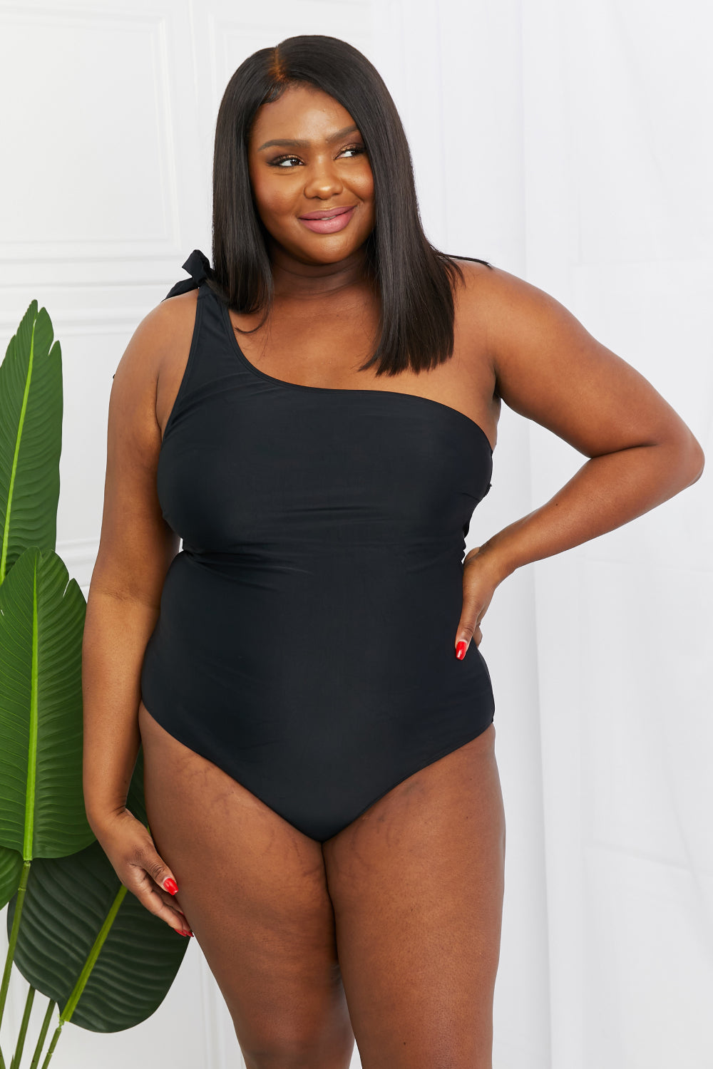 Marina West Swim Deep End One-Shoulder One-Piece Swimsuit in Black - CrownofCouture