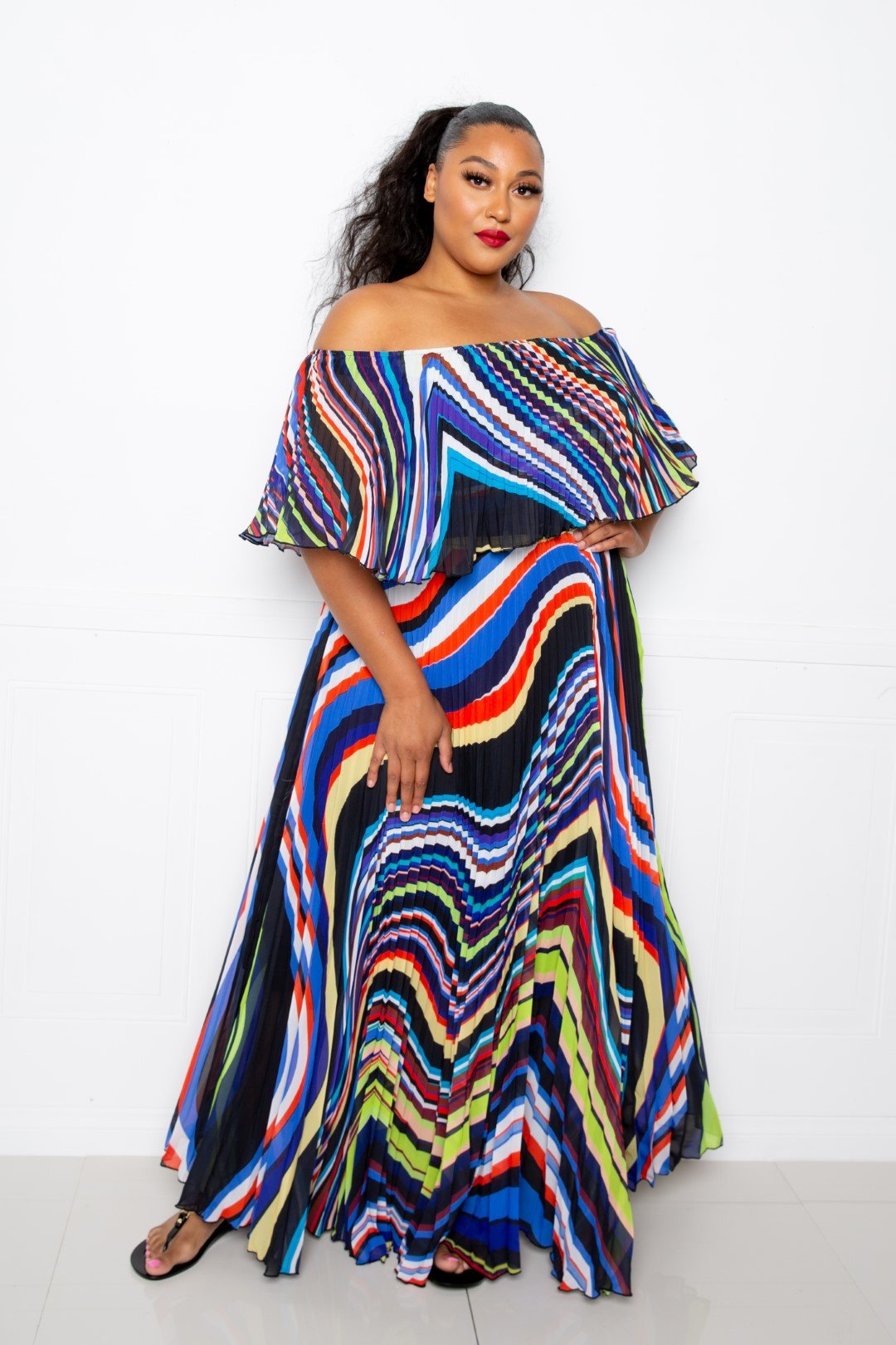 Geo Printed Off Shoulder Pleated Maxi Dress - CrownofCouture