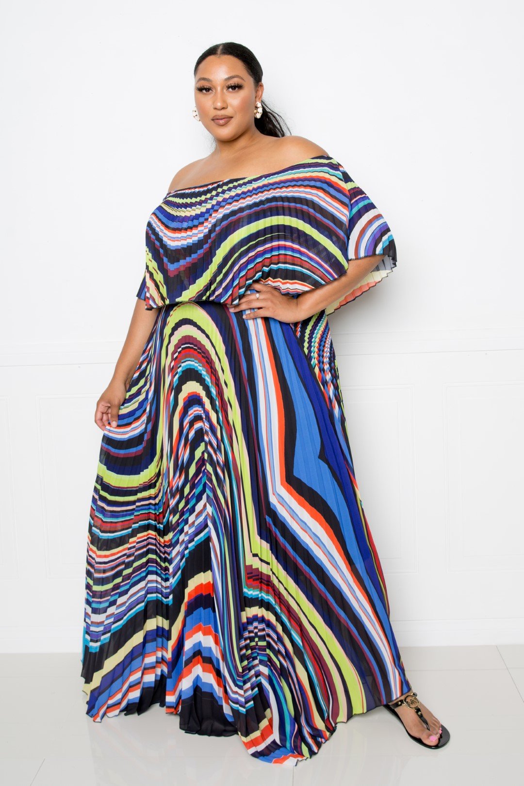 Geo Printed Off Shoulder Pleated Maxi Dress - CrownofCouture