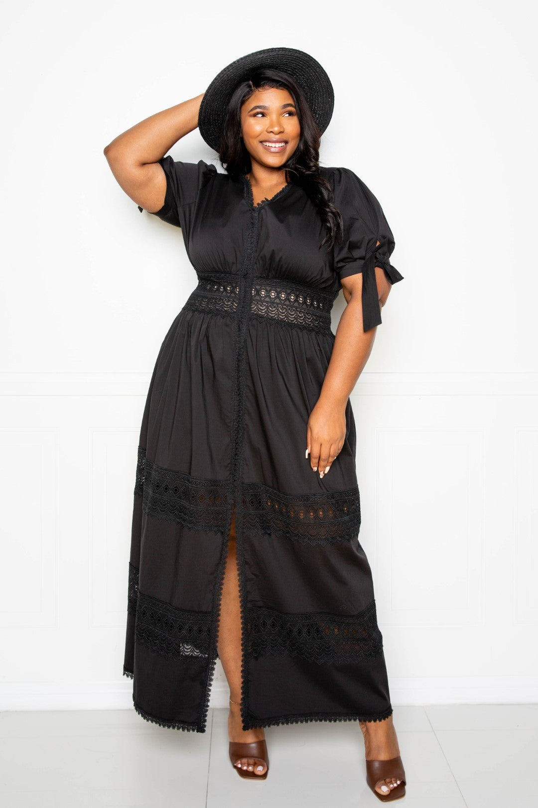Puff Sleeve Maxi Dress With Lace Insert - CrownofCouture