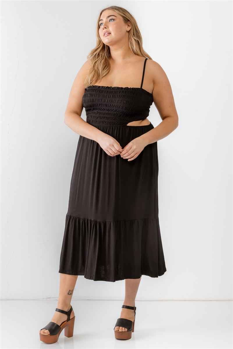 Plus Smocked Cut-out Strappy Flare Hem Midi Dress - CrownofCouture