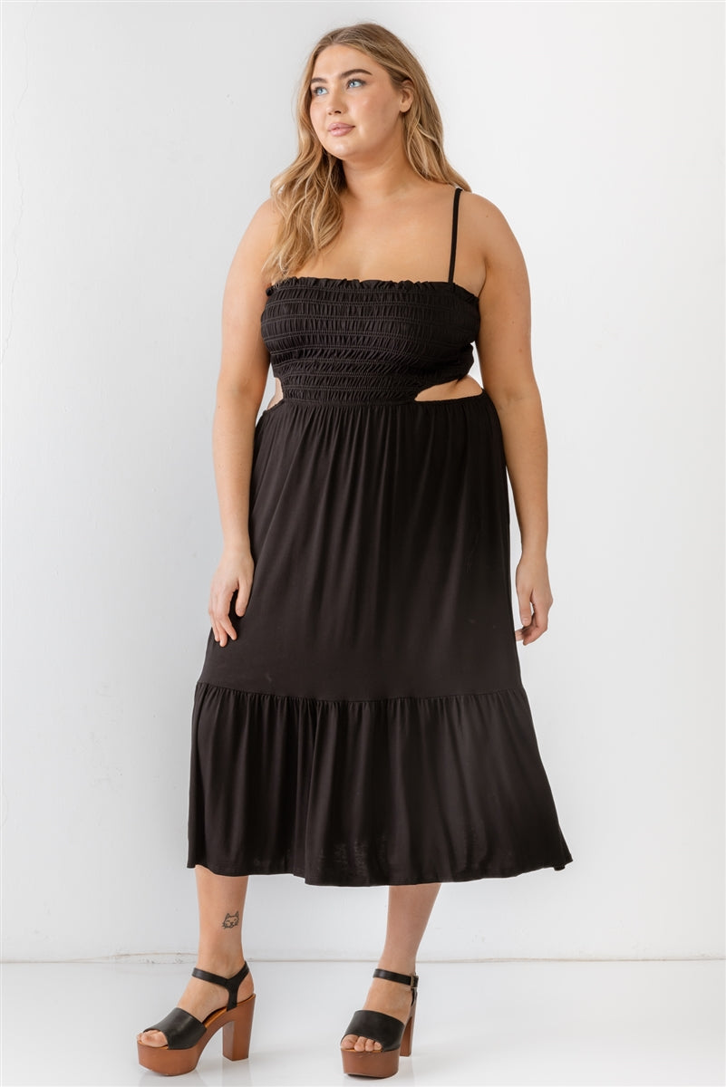 Plus Smocked Cut-out Strappy Flare Hem Midi Dress - CrownofCouture