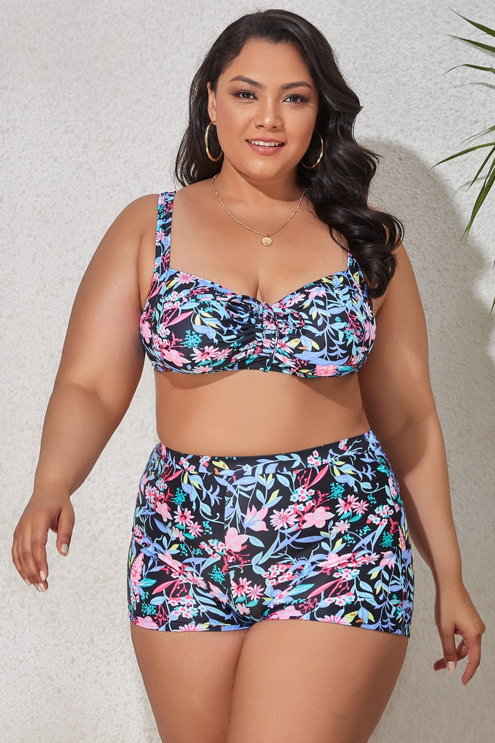 Plus Size Drawstring Detail Two-Piece Swimsuit - CrownofCouture