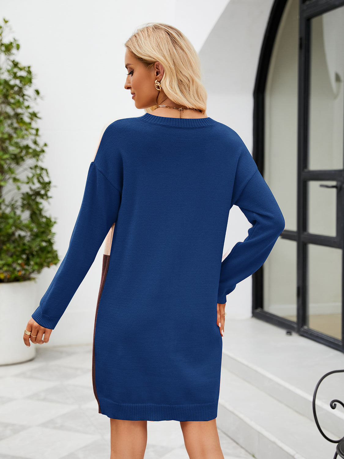 Color Block Dropped Shoulder Sweater Dress - CrownofCouture