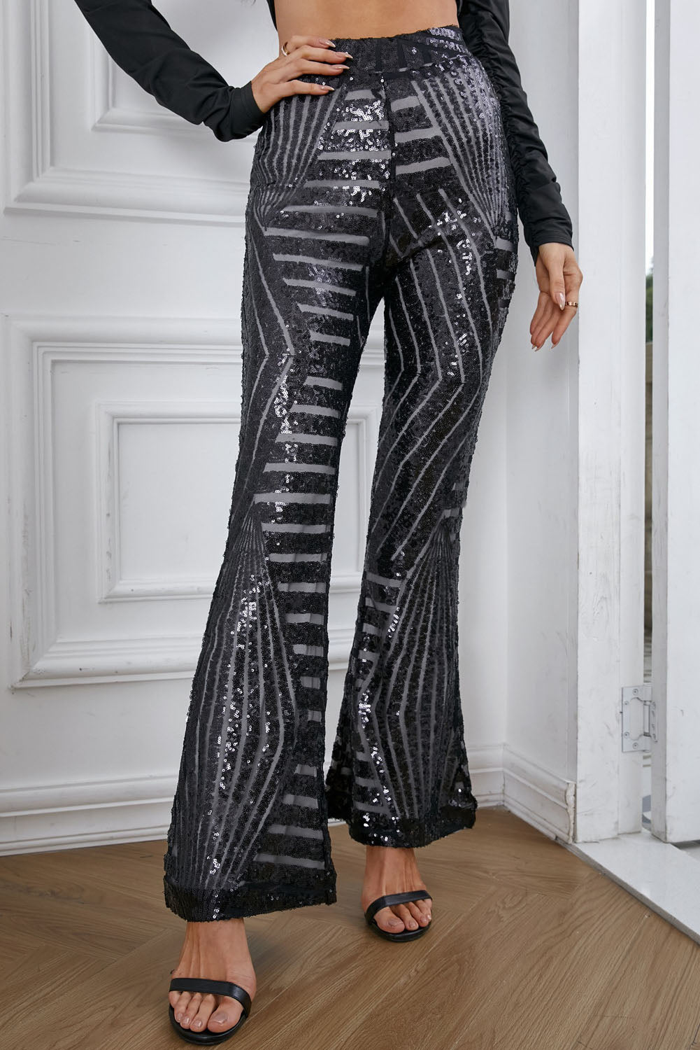 Double Take Sequin High Waist Flared Pants - CrownofCouture