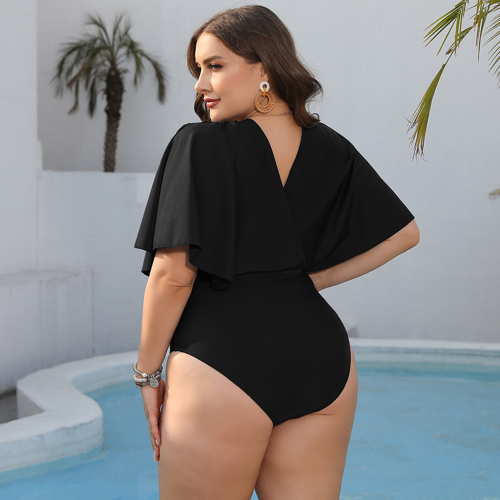 Plus Size Ruched Surplice Neck One-Piece Swimsuit - CrownofCouture