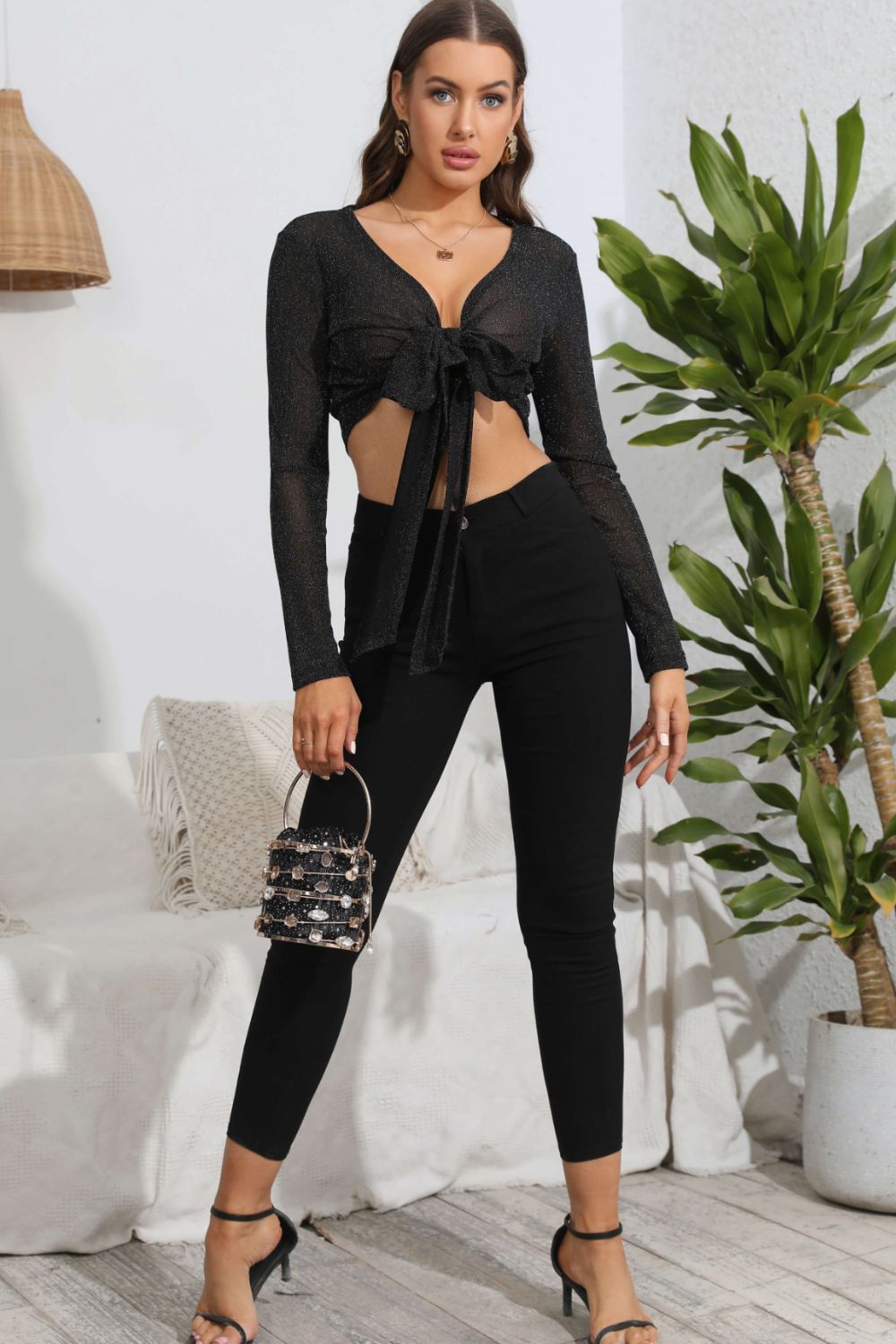 Tie Front Deep V Long Sleeve mesh Crop Top - CrownofCouture
