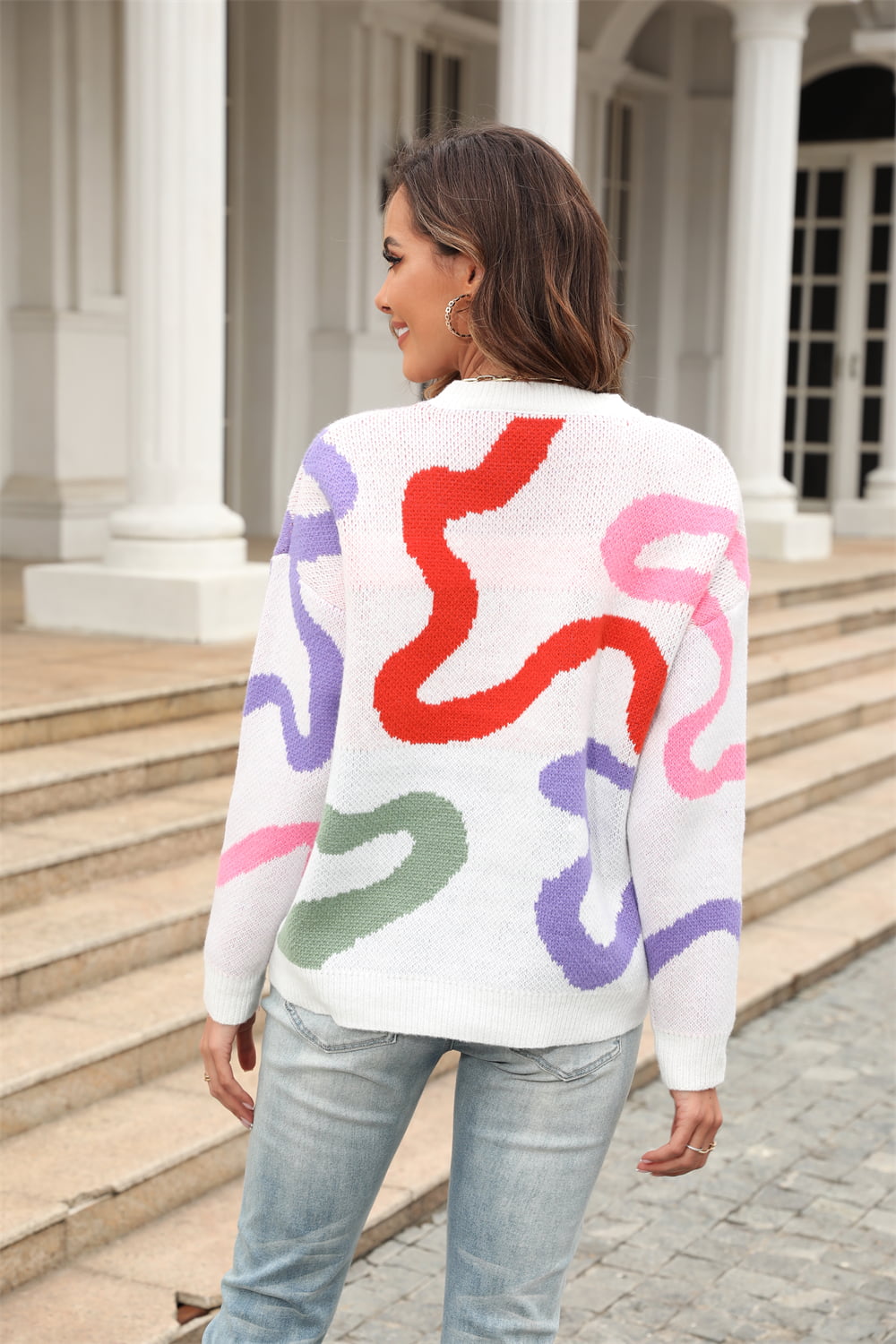 Printed Round Neck Dropped Shoulder Pullover Sweater - CrownofCouture